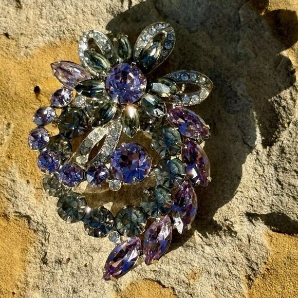 Vtg Eisenberg ICE Signed Swarovski Crystal Floral Spray Silver Tone Brooch 3” - Picture 15 of 17